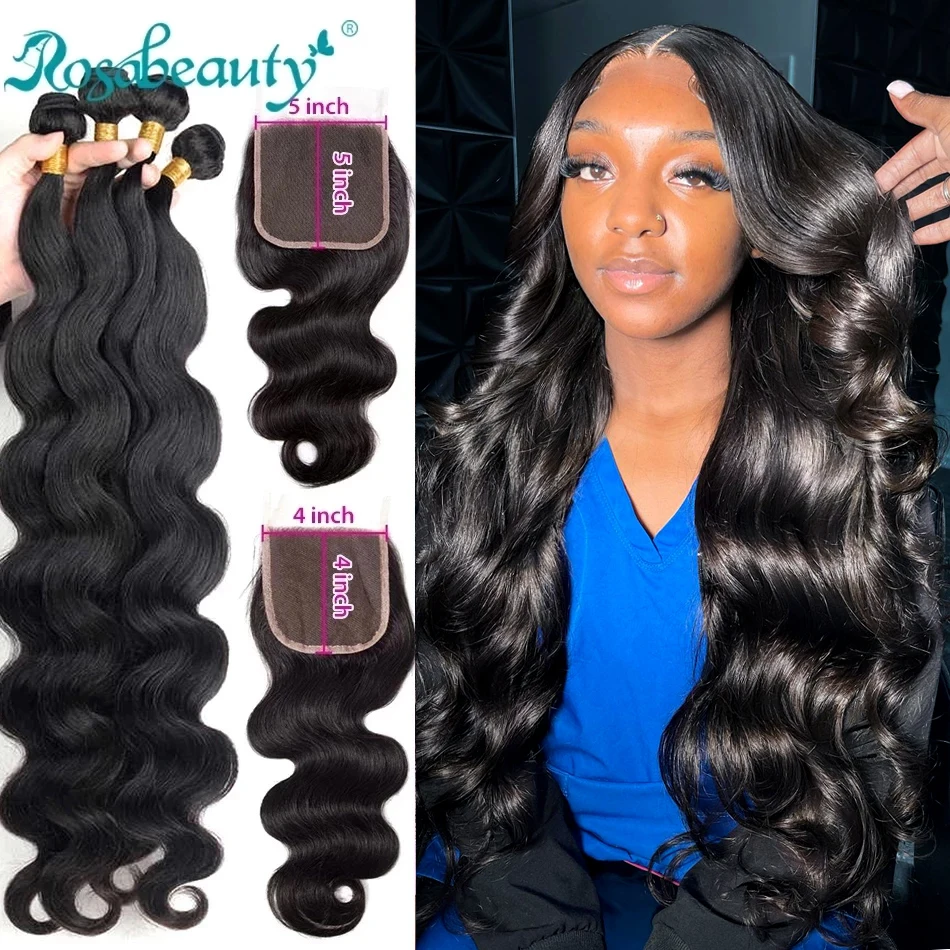 Rosabe-Extensions de Cheveux Brésiliens Naturels Ondulés, Tissage de 30 Pouces, 5x5, 4 Lots, avec Closure